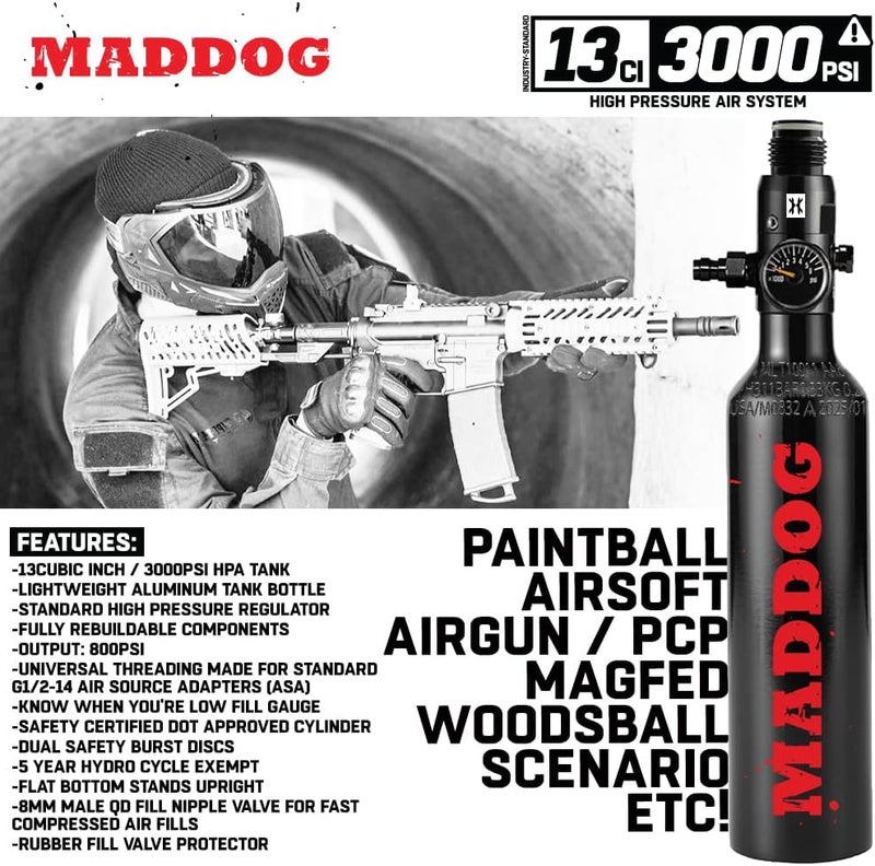 MAddog 13ci/3000psi Aluminum Compressed Air HPA Paintball Tank with Regulator - Image 3